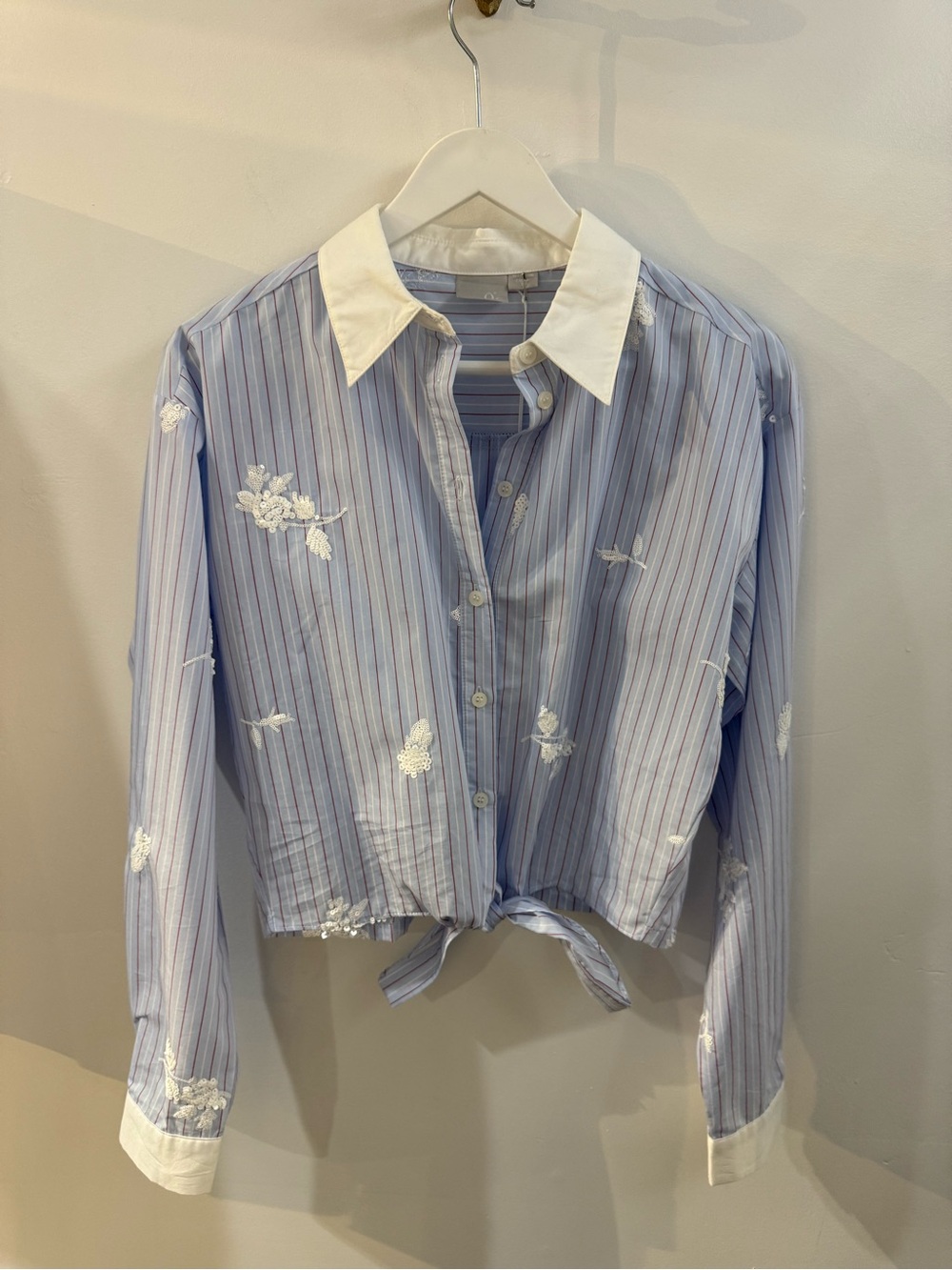 Zero Degrees Celsius - 62506 Striped Blue Tie-Front Button Shirt w/ White Collar